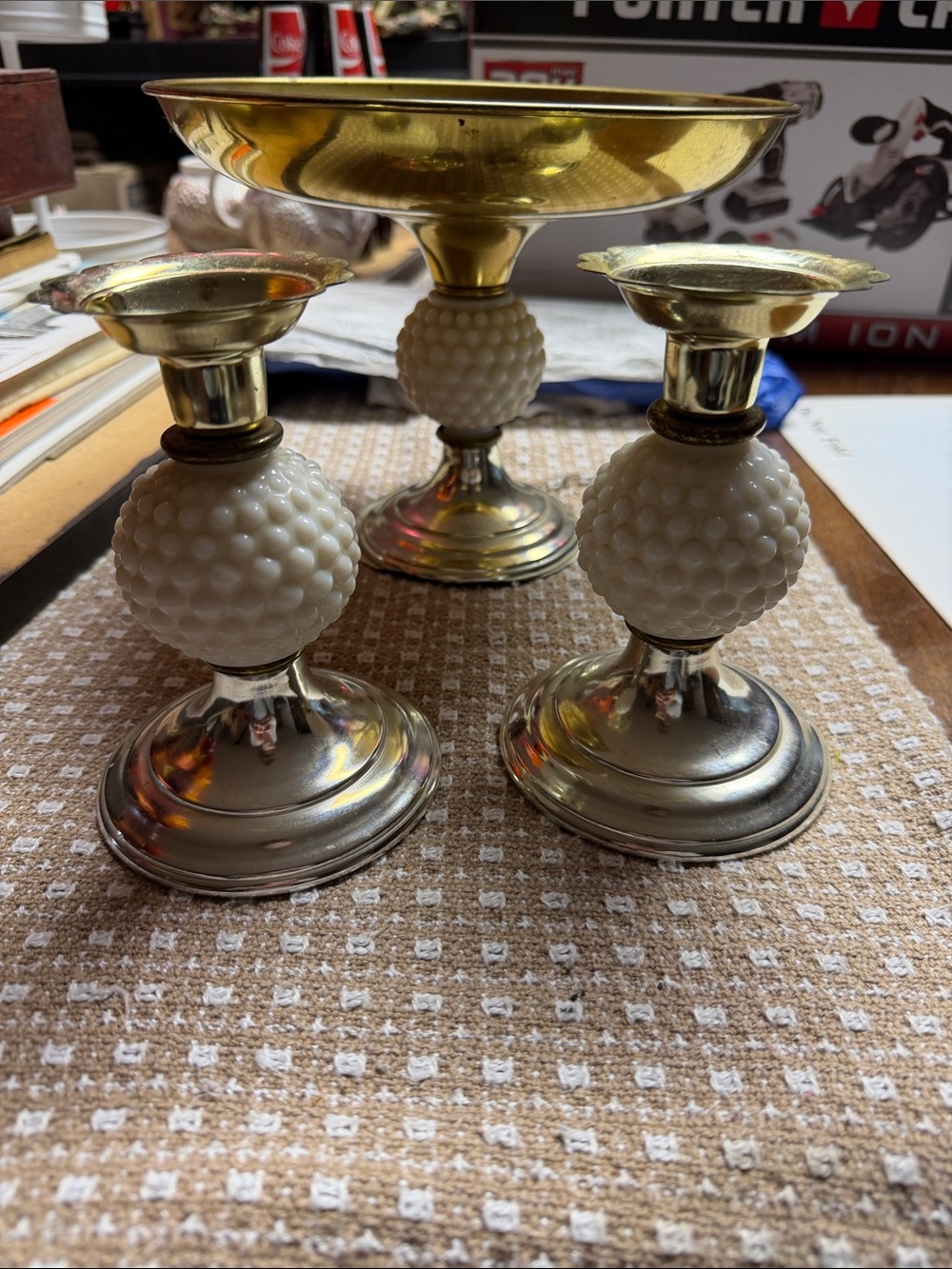 Vintage hobnail and milk glass brass candleholders and bowl set